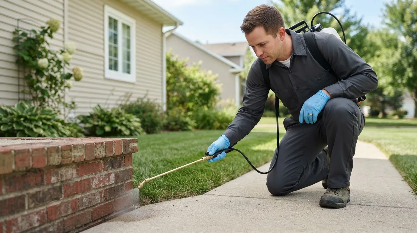 Pest control technician treating a home near Chester, OH