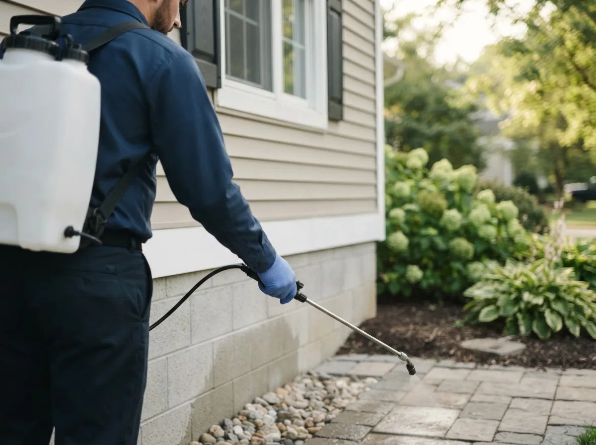 Pest control technician inspecting a home in Chester, OH